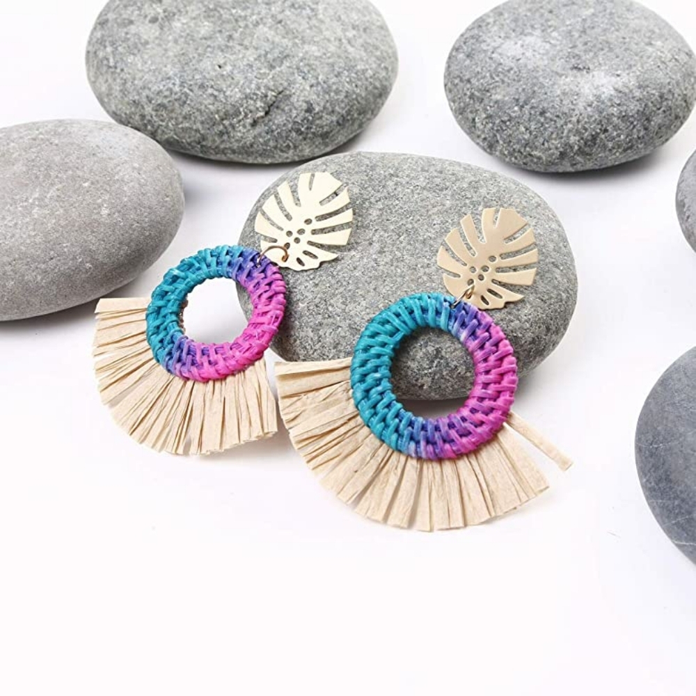 New Tropical Leaf w/Raffia & Woven Rattan … - Picture 2 of 9